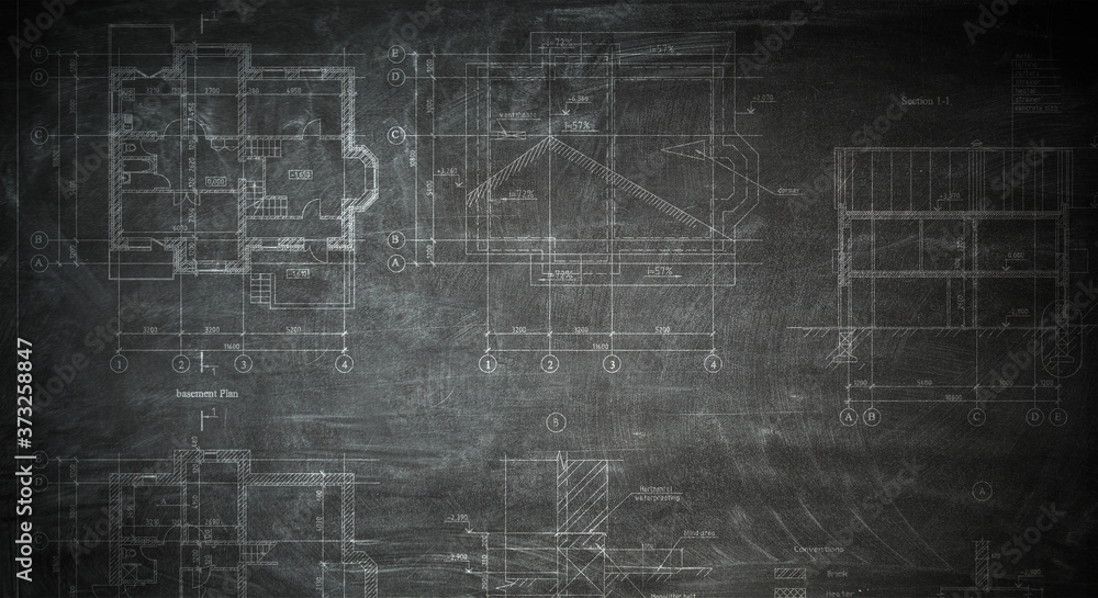 Architectural drafts on black board . Mixed media Architectural drafts on black board . Mixed media