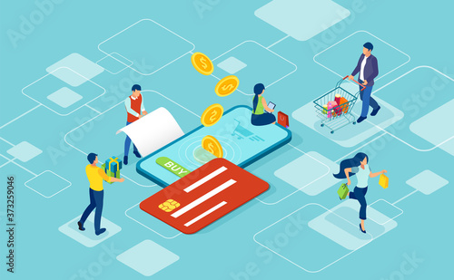Vector of shopping people paying with smart phone using financial app
