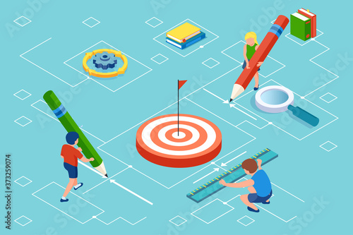 Vector of kids holding a ruler and pencils measuring the size of the target