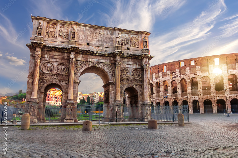 The Arch of Constantine and the Coliseum in Rome, Italy