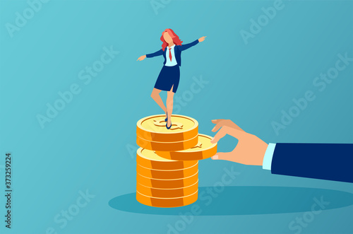 Vector of a big business man hand pulling out a coin out of a pile with a balancing businesswoman on top of it