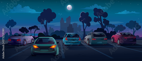Cars at parking lot in night city street, vector background flat cartoon illustration. Outdoor parking lot and cars with taillight on, automobiles backs on parking, city night with moon and trees