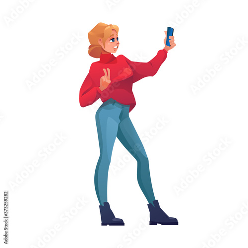 Girl takes selfie on mobile phone or smartphone camera with fingers peace gesture, vector flat isolated. modern smiling young teenage girl making selfie photo on mobile phone in fashion clothes