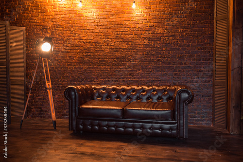 Brown elegant sofa in dark living-room