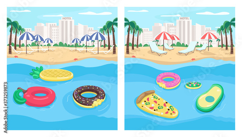Seaside resort and inflatables flat color vector illustration set. Pizza and donut shaped floats. Air mattresses. Summertime. 2D cartoon landscape with cityscape on background collection