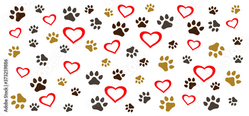 Dogs or cats background pattern. Love heart symbol. Slagan dog or cat. Dog's or cat’ss footprint, Funny vector dog quote signs. Lovers silhouette. Animals day Funny footsteps or steps. Pet paw step.