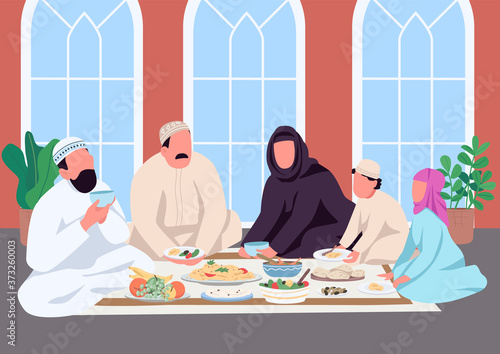 Muslim family eat together flat color vector illustration. Parents and children at table with food. Islam traditional meal 2D cartoon scene with characters and interior on background