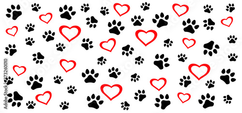 Dogs or cats background pattern. Love heart symbol. Slagan dog or cat. Dog's or cat’ss footprint, Funny vector dog quote signs. Lovers silhouette. Animals day Funny footsteps or steps. Pet paw step.