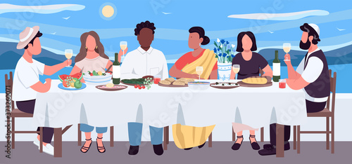 Multicultural dinner flat color vector illustration. Friends eat food on holiday for recreation. Cultural diversity at banquet table. Multiethnic 2D cartoon characters with seascape on background