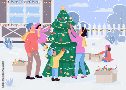 Family decorate xmas tree flat color vector illustration. New Year activity for parents and kids. Christmas celebration in yard. Caucasian 2D cartoon characters with home backyard on background