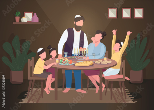 Hanukkah flat color vector illustration. Evening celebration for religious holiday. Parents and children at table with candle. Jewish family 2D cartoon characters with home interior on background