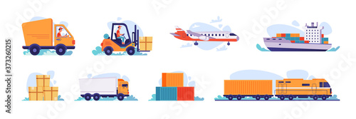 Delivery and logistics transport icons, vector shipping and warehouse flat isolated set. Cargo freight shipment, parcels storehouse logistics and delivery car, airplane, ship and forklift truck loader