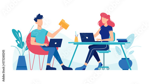 Man and woman working with laptop computers at office workplace tables, vector flat design. Office workers or freelancers team, girl and guy boy sitting at table desktop with laptops work on project