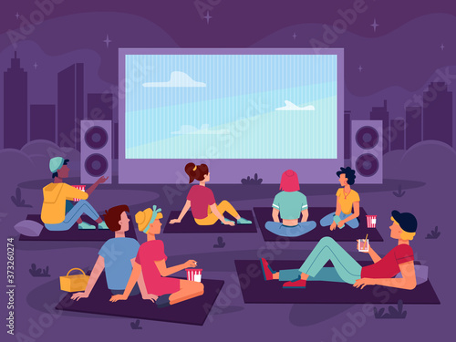 Cinema open air movie in park, night outdoor, vector people watch screen, flat cartoon background. Open air cinema, couples or girls and men guys sitting with popcorn and drinks watching movie