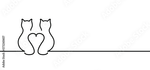 Drawing cat line pattern. Funny vector cats sign. Comic cartoon sketch. One line kitten, kitty silhouette pictogram. Animal, cute pet sits background. World cat day.