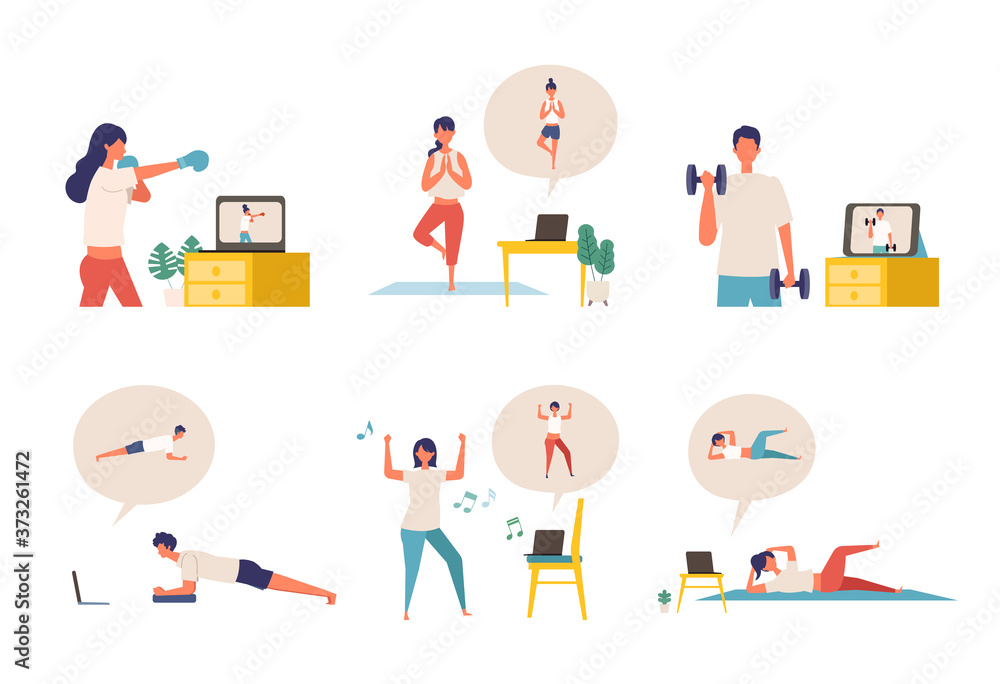 Online fitness concept. Work out via monitor, laptop, tablet. Vector illustration of a people relaxing in their home. Online fitness concept. Work out via monitor, laptop, tablet. Vector illustration of a people relaxing in their home.