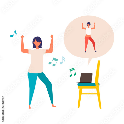 Online fitness concept. Work out via monitor, laptop, tablet. Vector illustration of a woman dancing zumba in her home.
