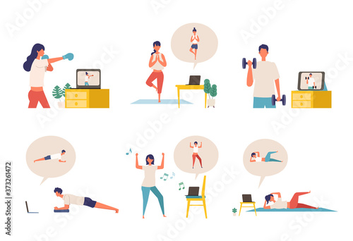 Online fitness concept. Work out via monitor, laptop, tablet. Vector illustration of a people relaxing in their home.