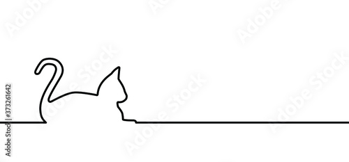 Drawing cat line pattern. Funny vector cats sign. Comic cartoon sketch. One line kitten, kitty silhouette pictogram. Animal, cute pet sits background. World cat day.