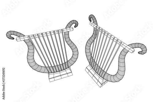Ancient lyre or harp musical instrument. Music concept. Wireframe low poly mesh vector illustration.