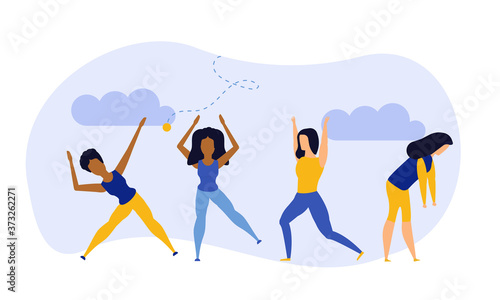 Achievement exercise flat health body mind vector concept illustration. Office multitasking posture person. Sport fitness cartoon background. Lifestyle harmony yoga meditate zen. Pose training workout