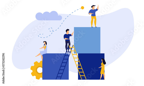 Advertising puzzle from cube block vector flat illustration. Analytics chart business job people teamwork. Community deal banner cooperation jigsaw. Human alliance office group work company team