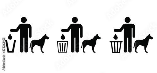 Stop, Please , clean up after your dog or clean up after your pet. No poop or pooping dogs allowed. Shitting, trash bag. Vector garbage  bags pictogram. Prohibition signs for dogs. Taking care of pets