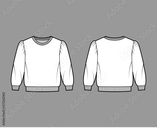 Cropped cotton-terry sweatshirt technical fashion illustration with puffed shoulders, elbow sleeves, ribbed trims. Flat outwear jumper apparel template front back white color. Women men unisex top CAD