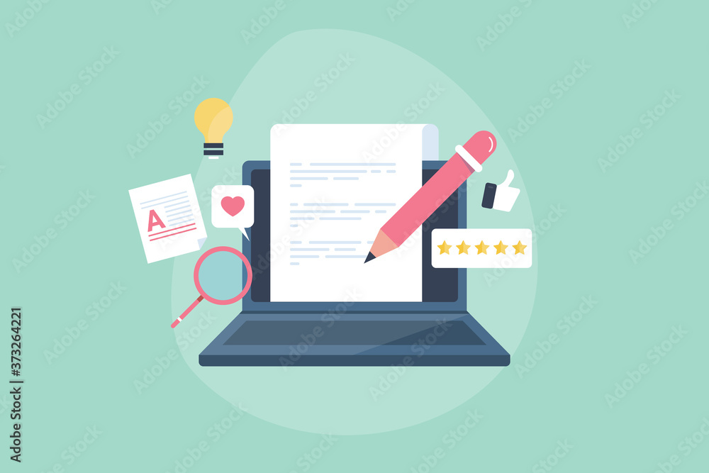 Digital writing, online blogging, content creation and text content writing on laptop screen,  research content and publishing on web. High quality content for engaging  website user, blog writing.  - obrazy, fototapety, plakaty 