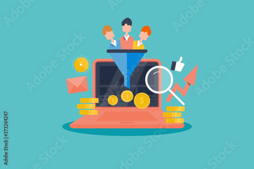 Quality leads concept. Lead generation and customer conversion via sales funnel, making money with business funnel, increasing company revenue,  digital marketing, seo, email website traffic and cro.