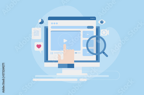 Video marketing, audience hand clicking on video player, engaging video content marketing on social media channels. Digital marketing and video seo concept. Web banner template with blue background. 