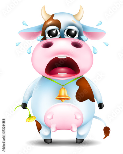 funny cartoon crying little cow with flower and golden bell