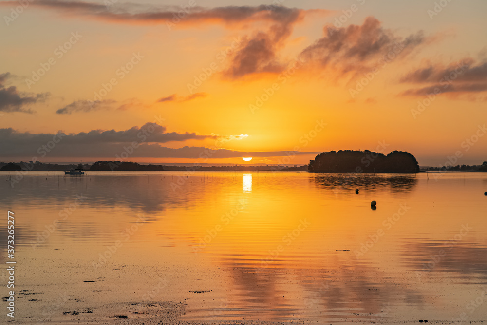 Brittany, panorama of the Morbihan gulf at sunrise Brittany, panorama of the Morbihan gulf at sunrise