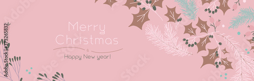 Christmas banner template on pink background. Winter sale fair ad. Vintage New Year greeting card design. Pinecone Xmas panoramic decorations. Merry Christmas decoration with isolated tree branches.