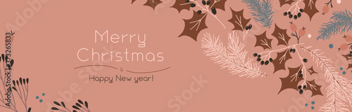 Christmas banner template on pink background. Winter sale fair ad. Vintage New Year greeting card design. Pinecone Xmas panoramic decorations. Merry Christmas decoration with isolated tree branches.