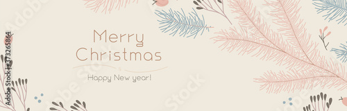 Christmas banner template on light background. Winter sale fair ad. Vintage New Year greeting card design. Pinecone Xmas panoramic decorations. Merry Christmas decoration with isolated tree branches.