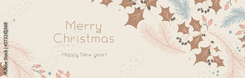 Christmas banner template on light background. Winter sale fair ad. Vintage New Year greeting card design. Pinecone Xmas panoramic decorations. Merry Christmas decoration with isolated tree branches.