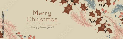 Christmas banner template on light background. Winter sale fair ad. Vintage New Year greeting card design. Pinecone Xmas panoramic decorations. Merry Christmas decoration with isolated tree branches.