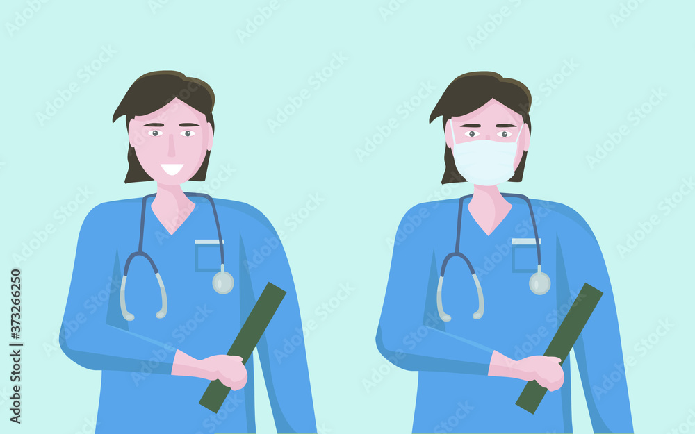 Doctor's a man, a health worker. Friendly character with a medical mask and an open face. The concept of medical care and assistance to people. Vector flat illustration Doctor's a man, a health worker. Friendly character with a medical mask and an open face. The concept of medical care and assistance to people. Vector flat illustration