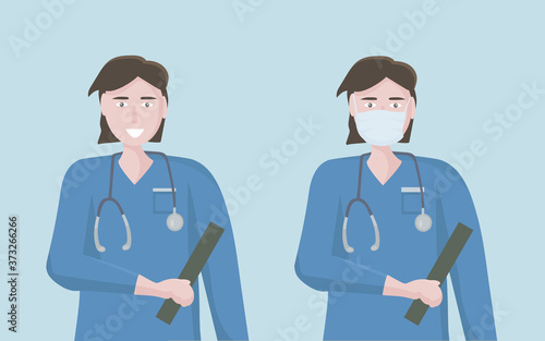 Doctor's a man, a health worker. Friendly character with a medical mask and an open face. The concept of medical care and assistance to people. Vector flat illustration