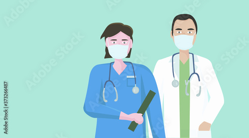 A team of doctors in medical masks to protect against viruses and infection. The concept of medical care and assistance to people. Vector flat illustration.