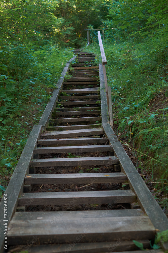 Wooden stairs in a park without people due to a coronavirus pandemic Wooden stairs in a park without people due to a coronavirus pandemic