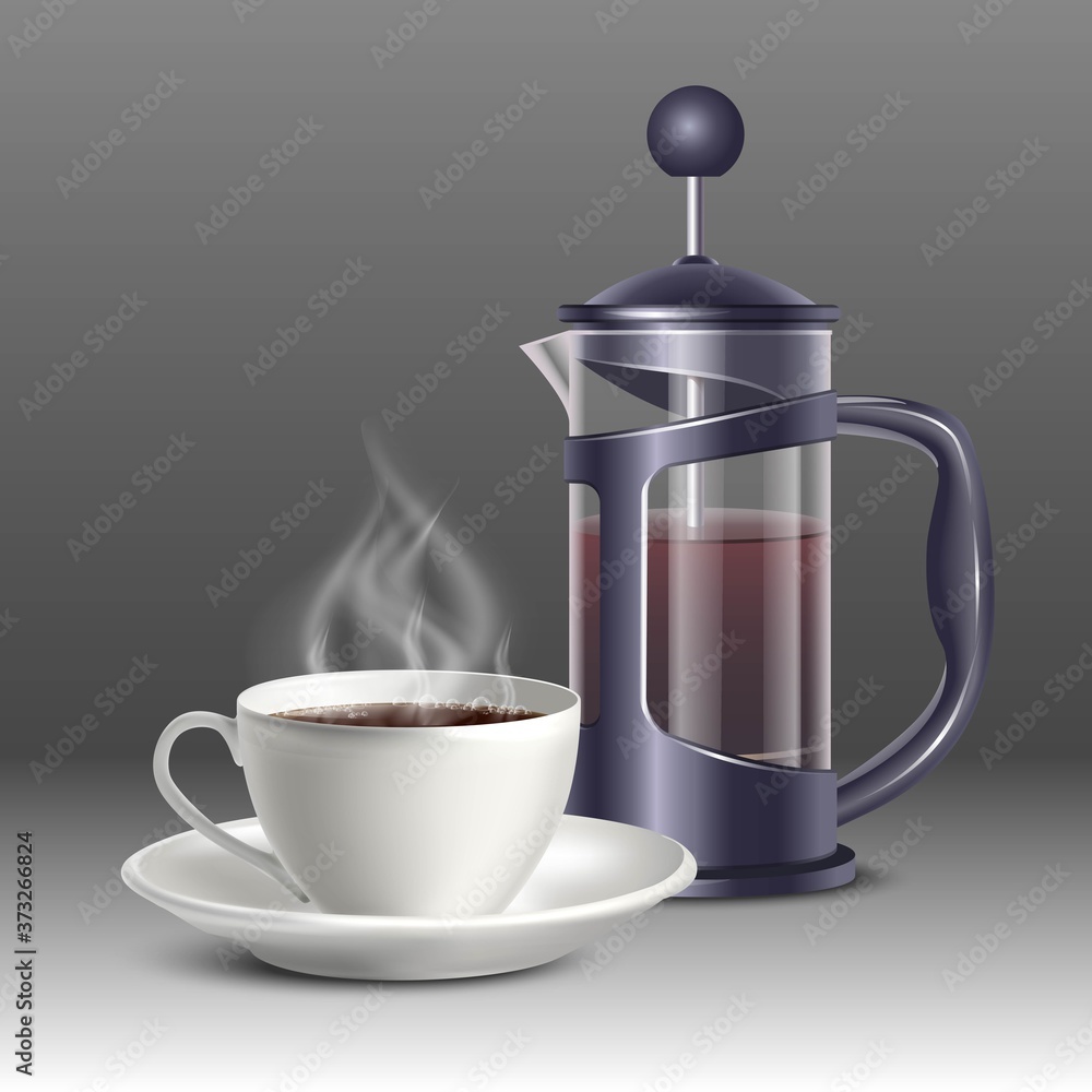 3 d realistic vector illustration of a coffee French press with white coffee cup on a gray background. 3 d realistic vector illustration of a coffee French press with white coffee cup on a gray background.