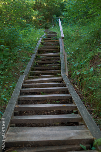 Wooden stairs in a park without people due to a coronavirus pandemic