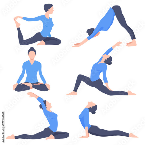 Yoga workout girl set. Women do yoga exercises. Warm up, stretching, meditation. Can be used for poster, banner, flyer, card, website. Vector illustration