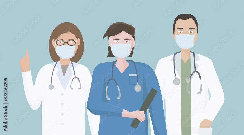 A team of doctors in medical masks to protect against viruses and infection. The concept of medical care and assistance to people. Vector flat illustration. A team of doctors in medical masks to protect against viruses and infection. The concept of medical care and assistance to people. Vector flat illustration.