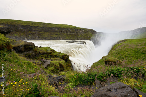 Beautiful landscape of part of the gullfoss waterfall seen from the side that belongs to the golden circle of iceland