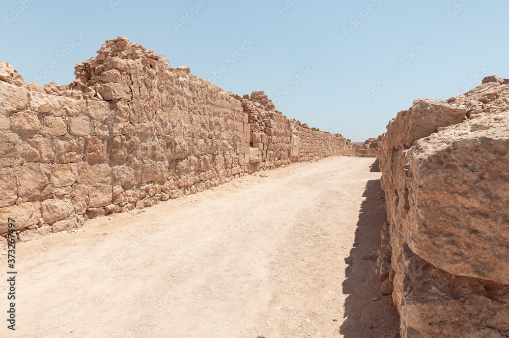 Remains of one of the streets in Shivta - a national park in southern Israel, includes the ruins of an ancient Nabatean city in the northern Negev. Remains of one of the streets in Shivta - a national park in southern Israel, includes the ruins of an ancient Nabatean city in the northern Negev.