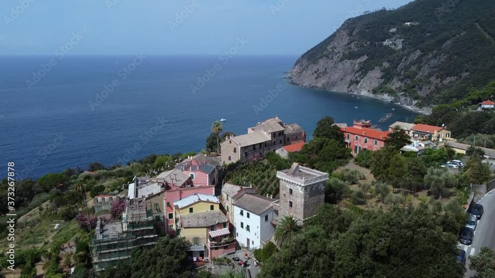 Europe, Italy , Liguria , Framura - drone aerial view of the sea village of Anzo in Framura near Cinque Terre , Spezia Europe, Italy , Liguria , Framura - drone aerial view of the sea village of Anzo in Framura near Cinque Terre , Spezia