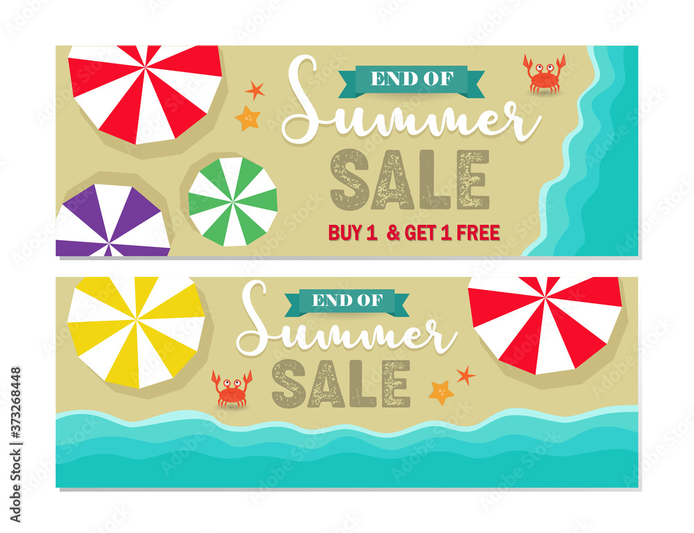 Set of summer sales banners, umbrellas, starfish and crab on sand beach vector, end of summer sale promotional advertising backgrounds